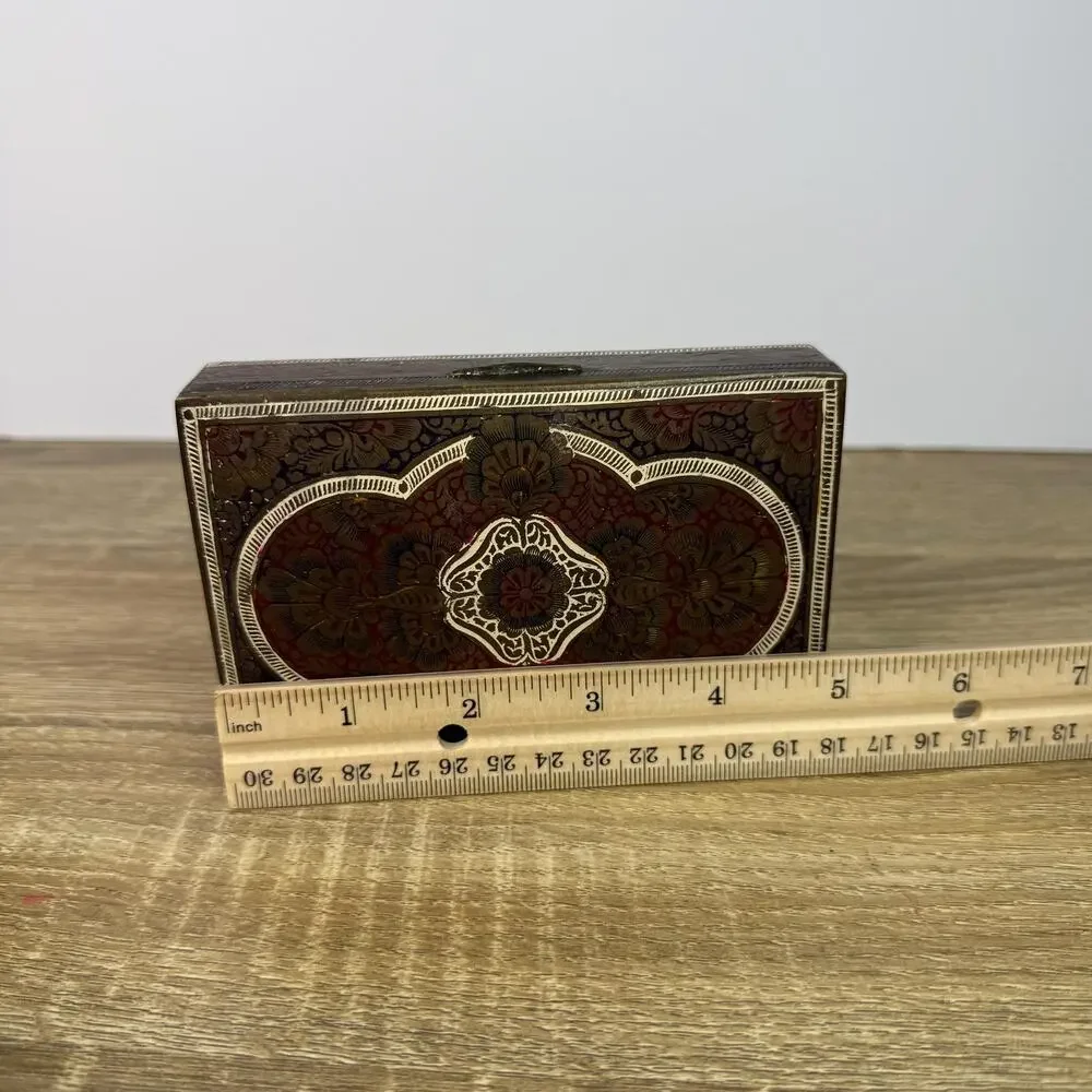Vintage Brass Cigarette Holder Intricate Ornate Trinket Box Wood Lined